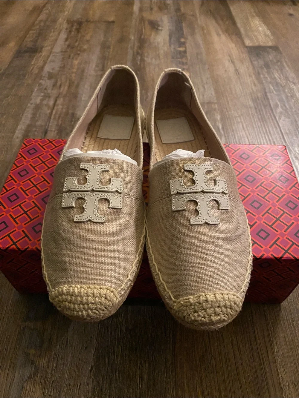 Tory Burch Beige Canvas Logo Espadrille Flats